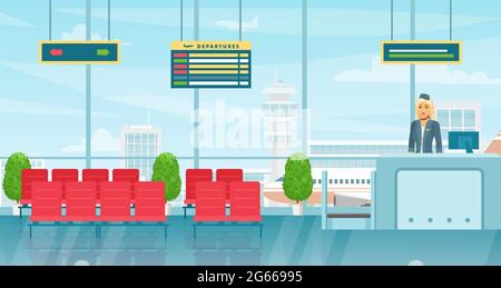 Illustration colorée de l'intérieur de la salle d'attente de l'aéroport. Salon de départ avec chaises et tableau des départs de vol. Hall moderne du terminal. Vérifier Illustration de Vecteur