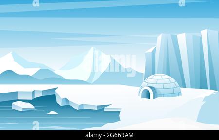 Paysage arctique avec illustration à vecteur plat igloo de glace. Maison, cabane construite de neige. Pics des montagnes de glace. Les Eskimo habitent un refuge. Grand iceberg Illustration de Vecteur