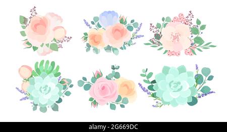Ensemble d'illustrations vectorielles plates colorées de composition florale. Boutonnière de mariage et de bal, bouquets isolés sur fond blanc. Floral, floristique Illustration de Vecteur