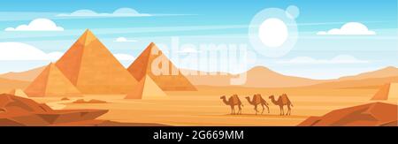 Pyramides dans le désert à vecteur plat illustration panoramique. Paysage égyptien en arrière-plan de dessin animé de jour. Camels caravane et paysages de l'Égypte Illustration de Vecteur