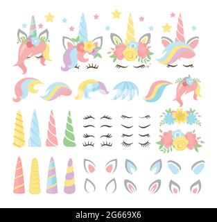 Jeu d'illustrations vectorielles plates UNICORN ELEMENTS. Girly, paquet isolé d'autocollants pour enfants. Cheval magique avec corne et barbiche multicolor fabricant de cheveux Illustration de Vecteur