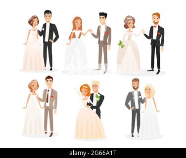 Ensemble d'illustrations vectorielles plates mariage couples. Pack de personnages de dessin animé pour mariée et marié. Cérémonie d'engagement. Femme en robe de mariée blanche avec voile et Illustration de Vecteur