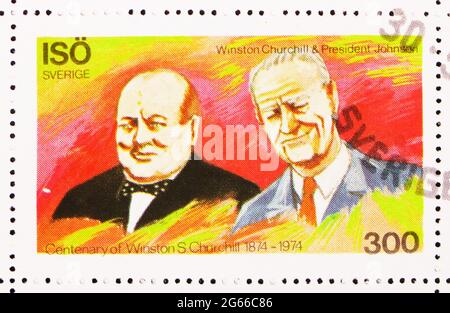 MOSCOU, RUSSIE - 22 MARS 2020 : timbre-poste imprimé à Cendrillon montre le centenaire de Winston Churchill, série ISO (Suède), 300 - aucune valeur faciale, c Banque D'Images