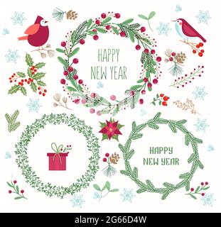 Lot de couronnes de Noël à motif vectoriel plat. Décorations traditionnelles de Noël en GUI et en ilex. Des oiseaux de bande dessinée, des cardinaux sur des branches d'arbre. Bleu Illustration de Vecteur