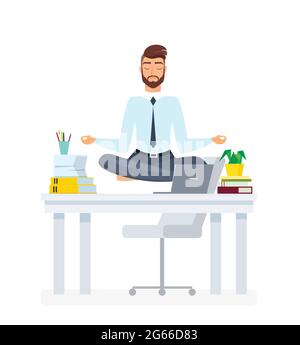 Méditer l'illustration de l'employé de bureau. Homme d'affaires pratiquant le personnage vecteur de dessin animé de yoga. Relaxation du personnel, soulagement du stress, repos Illustration de Vecteur