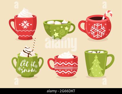 Ensemble d'illustrations vectorielles plates pour tasses de Noël. Mugs de fête avec ornements, flocons de neige et lettrage. Tasses avec café et cacao, chocolat chaud en tasses Illustration de Vecteur