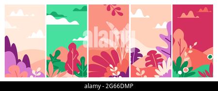 Jeu d'illustrations vectorielles plates de paysages. Magnifique vue sur la nature, arrière-plans abstraits. Champ avec arbres et fleurs. Couleur rouge coucher de soleil et lever de soleil Illustration de Vecteur