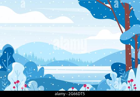 Paysage de lac d'hiver illustration vectorielle plate. Bassin gelé entouré de montagnes et de vallées. Chute de neige en forêt. Buissons enneigés de couleur rouge Illustration de Vecteur
