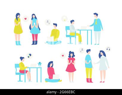 Jeux d'illustrations vectorielles plates pour ordinateurs portables. Des filles de dessin animé avec des smartphones bavardant, envoyant un message romantique. Employé de bureau utilisant un ordinateur Illustration de Vecteur