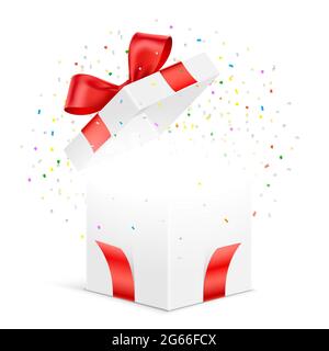 Boîte cadeau blanche avec confettis colorés éclatés, isolés sur le fond. Maquette de boîte-cadeau vectorielle. Illustration de Vecteur