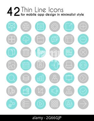 Jeu d'icônes linéaires vectorielles pour applications pour smartphone. Application mobile avec pictogrammes de ligne mince de style minimaliste. Fonctions du téléphone portable, bouton multimédia Illustration de Vecteur