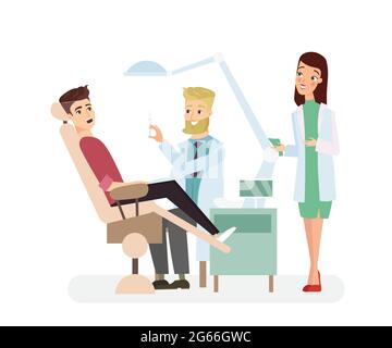 Illustration vectorielle de l'homme dentiste dans les instruments de bureau et examinant l'homme du patient. Patient allongé sur une chaise dentaire dans le cabinet du médecin Illustration de Vecteur