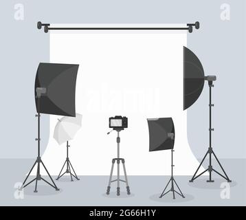 Équipement de photographie illustration vectorielle plate, fond blanc pour la prise de vue. Différents objectifs d'appareil photo. Accessoires pour studio photo professionnel Illustration de Vecteur