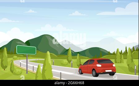 Illustration de la voiture, de la route à vecteur plat. Minibus sur l'autoroute et vide, panneau de signalisation vide. Paysage pittoresque, paysage magnifique. Vacances d'été Illustration de Vecteur