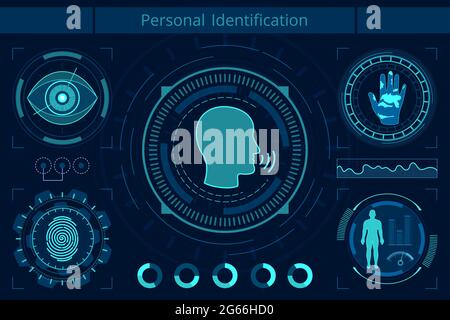 Illustration vectorielle plate d'identification personnelle. Recherche sur la technologie de l'IA. Réseau neuronal, concept d'apprentissage machine. Système de reconnaissance intelligent Illustration de Vecteur