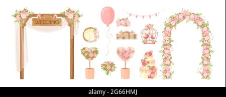 Mariage fête fleurs décoration articles ensemble dans le style de dessin animé plat, collection d'éléments de mariage Illustration de Vecteur