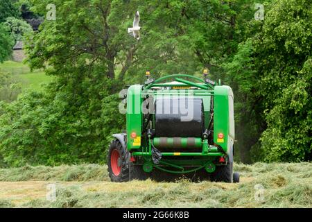 Production de foin ou d'ensilage (agriculteur travaillant dans un tracteur agricole dans un champ rural, ramassage d'herbe sèche, balle ronde enveloppée dans une presse à balles McHale) - Yorkshire England UK. Banque D'Images