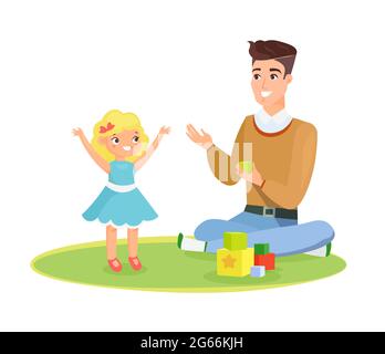 Illustration vectorielle du père et de la jeune fille jouant sur le tapis avec des jouets, papa et enfant, concept de jour de papa heureux. Enfant et père heureux Illustration de Vecteur