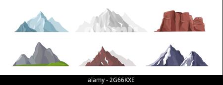 Collection d'illustrations vectorielles de différentes icônes de montagne dans un style plat. Rochers, montagnes et collines isolées sur fond blanc. Illustration de Vecteur