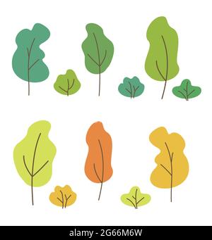 Ensemble d'illustrations vectorielles d'arbres vert, jaune et orange. Collection d'arbres et de buissons isolée sur fond blanc dans un style plat. Illustration de Vecteur