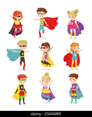 Illustration vectorielle des enfants super-héros. Enfants en costumes de super-héros, super pouvoirs, enfants vêtus de masques. Collection d'enfants souriants Illustration de Vecteur