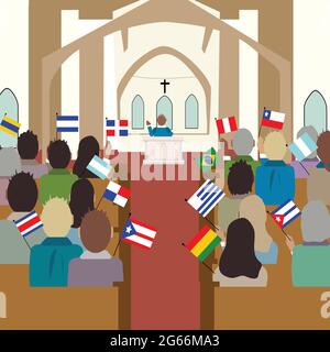 Illustration vectorielle de personnes de couleur différente et drapeaux d'Amérique dans l'église. Mois national du patrimoine hispanique. Banque D'Images