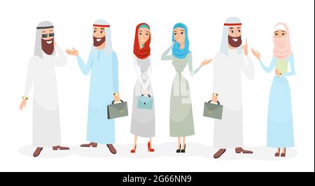 Ensemble d'illustrations vectorielles d'hommes d'affaires et de femmes d'affaires arabes musulmans qui parlent. Le travail d'équipe des musulmans. Caractères arabes dans les vêtements traditionnels Illustration de Vecteur