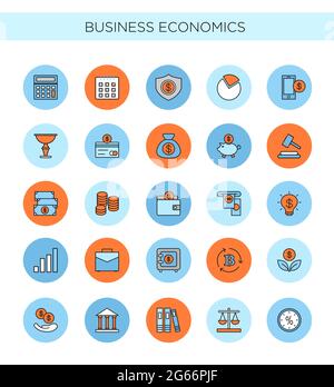 Illustration vectorielle ensemble d'icônes de ligne d'affaires et d'économie. Présenter et colorer les icônes des éléments de service financier. Banque, argent, objets de commerce et Illustration de Vecteur