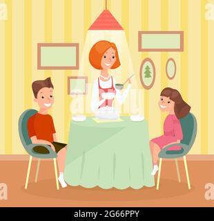 Illustration vectorielle du concept de repas familial. Mère , fils et fille ensemble à la table et ont le dîner dans le style de dessin animé plat. Illustration de Vecteur