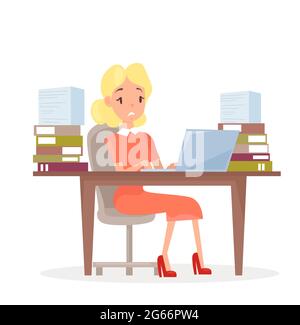 Illustration vectorielle d'une femme d'affaires au bureau avec un ordinateur portable et beaucoup de papiers. Femme au bureau en stress. Le responsable est fatigué et travaille dessus Illustration de Vecteur