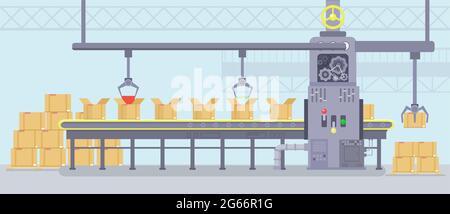 Illustration vectorielle de l'intérieur de la fabrication avec une machine intelligente fonctionnant avec un tapis transporteur de production. Concept industriel dans un style de dessin animé plat. Illustration de Vecteur