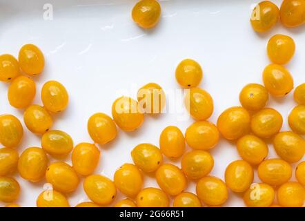 Vue en grand angle de l'image plein format de tomates jaunes brillantes. Banque D'Images