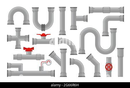 Illustration vectorielle de tuyaux, types de collecte d'eau. Connecteurs en acier et en plastique, tuyaux de couleur grise avec vannes rouges de style plat isolées sur Illustration de Vecteur