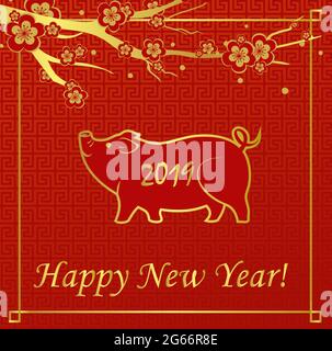 Illustration vectorielle carte de vœux du nouvel an avec cochon d'or sur fond rouge. Bonne année 2019. Concept du nouvel an chinois. Illustration de Vecteur