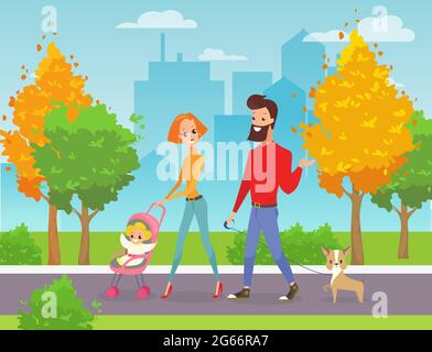 Illustration vectorielle de promenades en famille dans le parc de la ville. Père, mère, bébé et chien ensemble à l'extérieur. Mari, femme et enfant marchant dans le parc de la ville Illustration de Vecteur