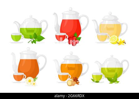 Ensemble d'illustrations vectorielles de différents types de thé. Ensemble de pots et tasses avec différents ingrédients herbes et citron, fruits et gingembre isolés Illustration de Vecteur