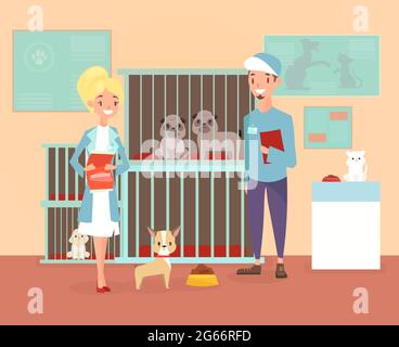 Illustration vectorielle d'un abri pour animaux avec des personnages bénévoles avec des chiens et des chats. Concept d'hébergement, d'adoption d'animaux de compagnie. Animaux de compagnie heureux dans un abri avec des vetetinars Illustration de Vecteur