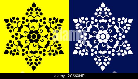 Style indien traditionnel et culturel Rangoli Mandala concept de la ligne d'art floral isolé sur fond jaune et bleu Illustration de Vecteur