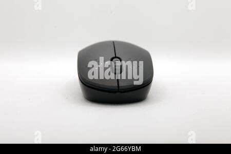 Gros plan d'une souris noire sur fond blanc, espace de copie Banque D'Images