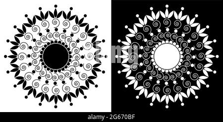 Rangoli Mandala concept indien traditionnel et culturel de l'art floral isolé sur fond noir et blanc Illustration de Vecteur