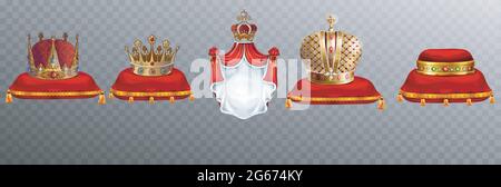Les couronnes royales ornées de pierres précieuses sur des oreillers rouges sont les attributs du couronnement du roi. Illustration de Vecteur
