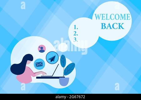 Écriture du texte affiché Bienvenue Retour. Vitrine d'affaires chaleureux messages d'accueil reçus répéter volontiers accepté Résumé Internet navigation et envoi Banque D'Images