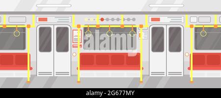 Illustration vectorielle à l'intérieur d'un métro vide. Transports en commun modernes, train souterrain de style dessin animé plat avec sièges rouges. Illustration de Vecteur