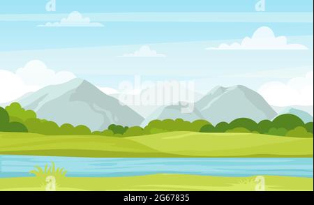 Illustration vectorielle du paysage d'été avec montagnes et rivière. Belle vue sur les montagnes dans le style de dessin animé plat, bon arrière-plan pour votre bannière Illustration de Vecteur