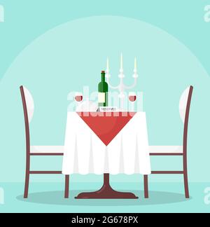 Illustration vectorielle d'une table au restaurant avec une bouteille et des verres de vin. Table réservée dans un café moderne, avec nappe et bougies, chaises Illustration de Vecteur