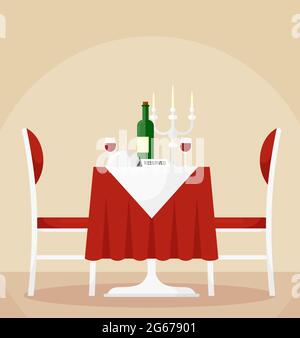 Illustration vectorielle de la table à manger réservée et des chaises pour deux personnes avec une bouteille de vin, des verres, des bougies. Concept dîner romantique dans un dessin animé plat Illustration de Vecteur