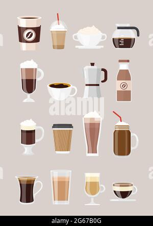 Ensemble d'illustrations vectorielles de différentes boissons au café, café en tasses, verres isolés sur fond gris. Cafetière, Milk-Shake au chocolat, espresso Illustration de Vecteur