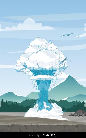 Illustration vectorielle du geyser sur fond de montagnes. Belle vue sur la montagne avec geyser dans le style de dessin animé plat. Concept de voyage. Illustration de Vecteur