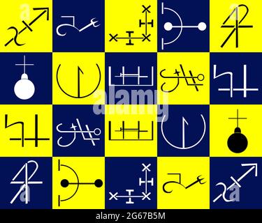 10 types différents de symboles occultes sur fond jaune et bleu fantôme Illustration de Vecteur