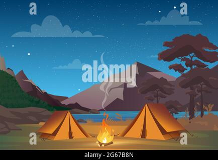 Illustration vectorielle du camping la nuit avec une vue magnifique sur les montagnes. Camping familial le soir. Tente, feu, forêt et montagnes rocheuses Illustration de Vecteur